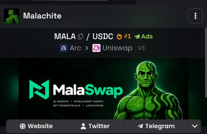 A crypto token information page for 'Malachite' (MALA/USDC) on the Arc network features a green humanoid mascot and links to MalaSwap.