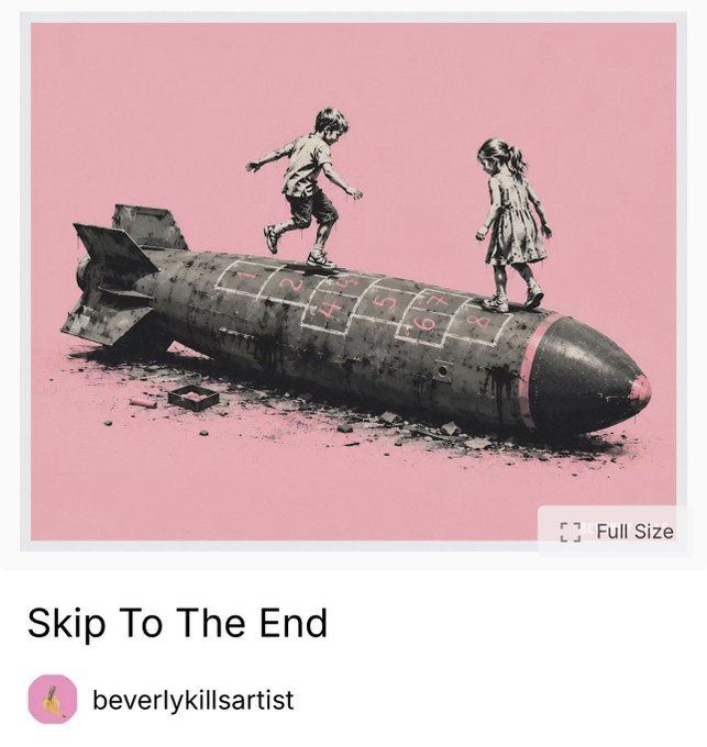 An art piece titled 'Skip To The End' by beverlykillsartist shows children playing hopscotch on a black bomb with pink tip against a pink background.