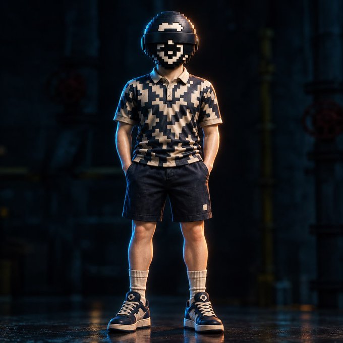 A 3D-rendered character wearing a black and white pixelated helmet, a houndstooth polo shirt, dark shorts, and black sneakers, standing in a dimly lit industrial setting.