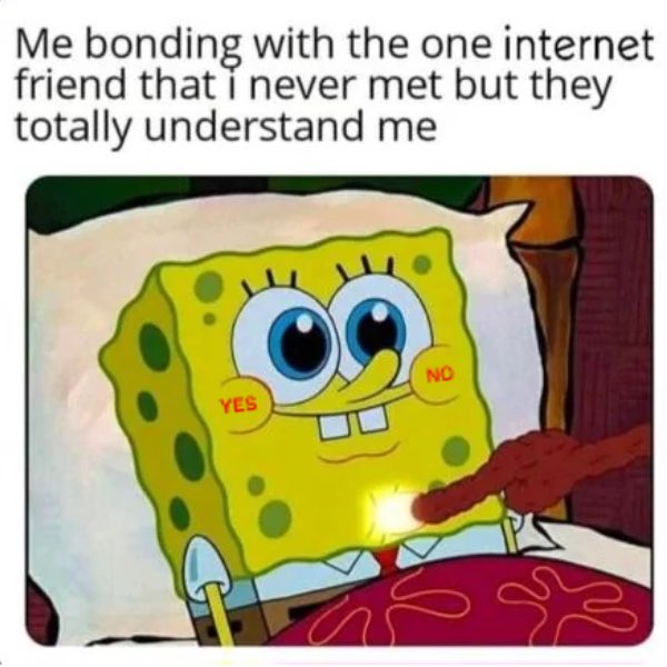 A meme featuring SpongeBob SquarePants with 'YES' and 'NO' buttons illuminated on his face, captioned 'Me bonding with the one internet friend that i never met but they totally understand me.'