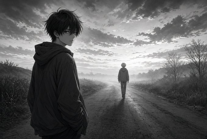 A monochromatic anime-style illustration of a dark-haired young man in a hooded jacket standing on a misty dirt road, looking back at another figure walking away into the distance.