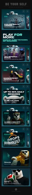 A vertical mobile app screenshot showing game promotions with text including 'PLAY FOR MORE', 'UP TO 45% DAILY REWARDS', 'DROPS & DROPS OPENING', 'Elevate', and 'Renewal'.