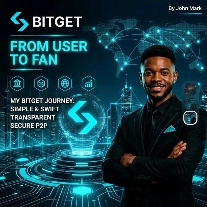 A confident man in a black suit smiles with arms crossed against a futuristic digital background featuring a world map, circuitry patterns, and the Bitget logo, with text reading "BITGET FROM USER TO FAN" and "MY BITGET JOURNEY: SIMPLE & SWIFT, TRANSPARENT, SECURE P2P" by John Mark. The image visually reinforces the post's theme of a personal journey from casual user to enthusiastic fan of the Bitget exchange.