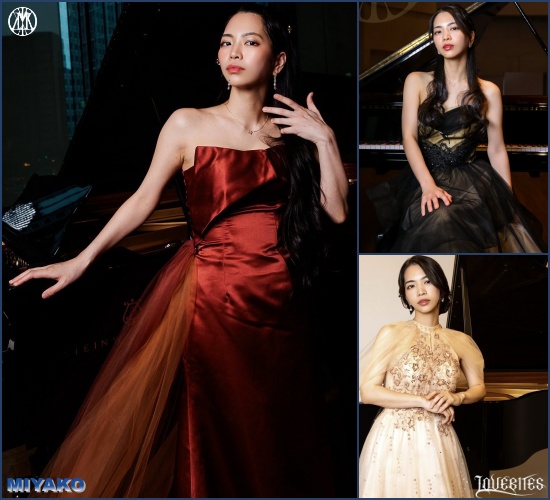A collage of three photos featuring a woman in elegant formal dresses (red, black, and white/cream) posing by a grand piano, with 'NIYAKO' and 'INTERESTES' watermarks visible.