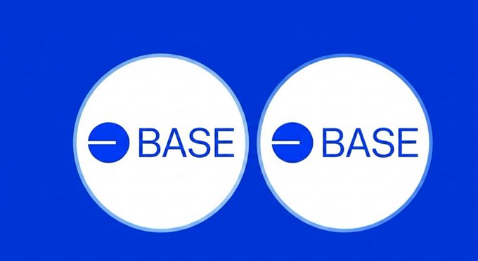 The image features two white circles with the word "base" written inside of them, set against a blue background. The text also includes the hashtag "#base" and mentions that Base is building a Web3 hub for Coinbase.
