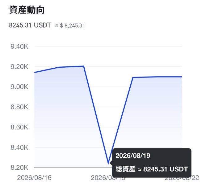A financial chart titled "資產動向" (Asset Trends) shows the balance of 8245.31 USDT (approximately $8,245.31), with the graph dipping sharply to its lowest point on the date 2026/08/19.