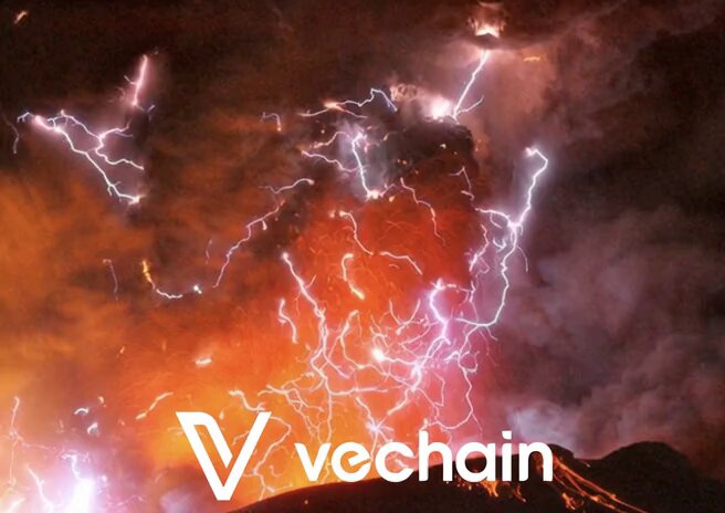 The image features a sky filled with lightning bolts, which are striking red and orange colors against an orange background. The caption of the image reads "The TRUST AI Marketplace is launching any moment on #VeChain - and it's set to ignite massive growth across the entire ecosystem!".