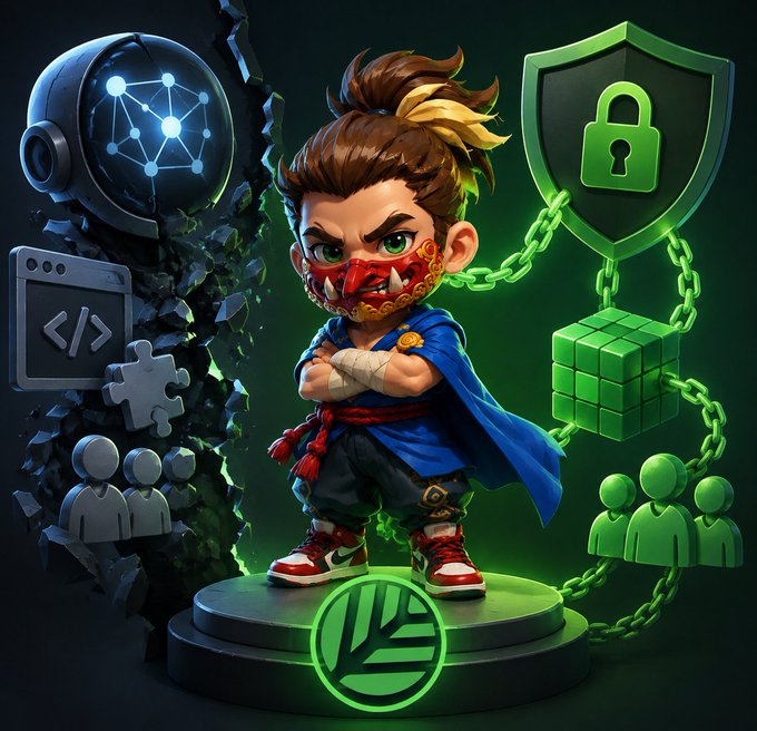 A stylized 3D-rendered warrior character wearing a red mask and blue cape stands on a pedestal with a green logo, surrounded by green glowing chain links, a padlock shield, a Rubik's cube, and digital/AI-themed icons.