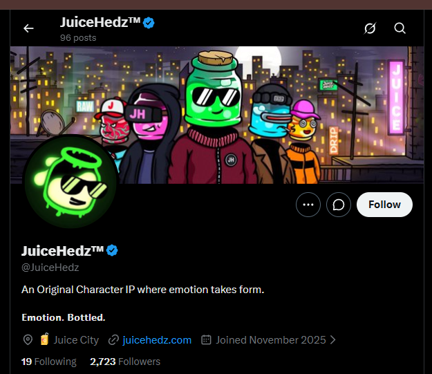 An X/Twitter profile page for 'JuiceHedz™' (@JuiceHedz) with 96 posts and 2,723 followers, featuring cartoon characters in a cityscape and the tagline 'An Original Character IP where emotion takes form. Emotion. Bottled.'