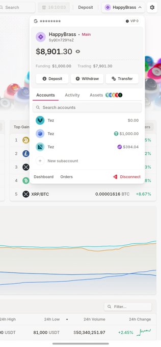 A HappyBrass crypto exchange account screen shows “$8,901.30,” “Funding $1,000.00,” “Trading $7,901.30,” and account entries including Tez and XRP/BTC, with “+8.67%” beside the XRP/BTC line.