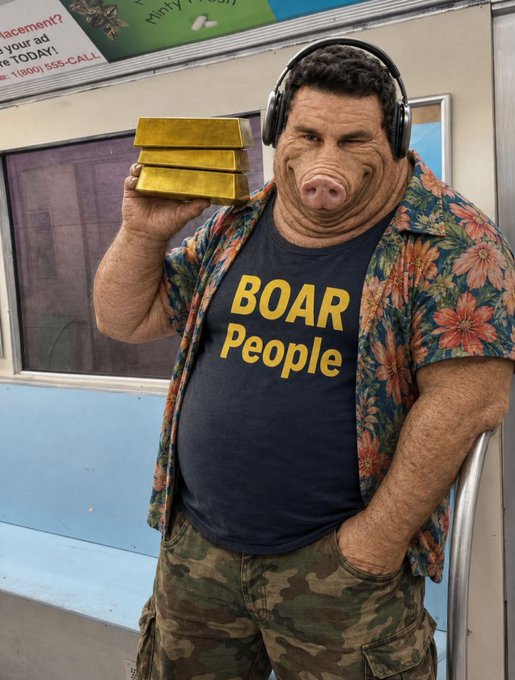 A person wearing a hyper-realistic boar head mask, a blue 'BOAR People' t-shirt, and a floral Hawaiian shirt while holding gold bars in a subway station.