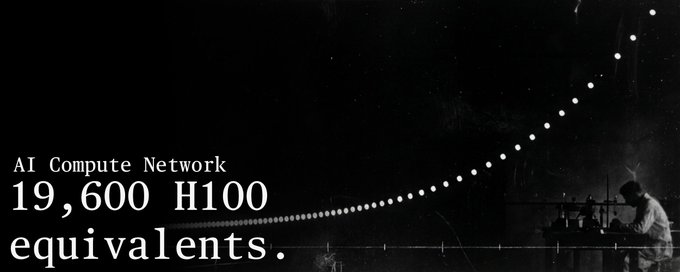 A dark, stylized image with a dotted arc reading 'AI Compute Network — 19,600 H100 equivalents' alongside a silhouette of a person working at a desk.