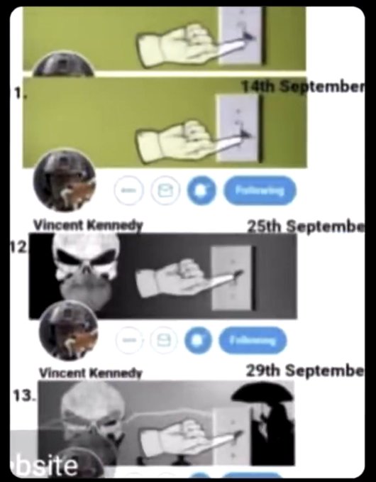A composite image showing memes featuring a hand pointing at a light switch, with dates '14th September', '25th September', and '29th September', posted by a user named 'Vincent Kennedy' with a skull avatar.