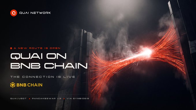 A dark promotional graphic with red sparks forming a connection, featuring the text 'QUAI NETWORK', 'A NEW ROUTE IS OPEN', 'QUAI ON BNB CHAIN', 'THE CONNECTION IS LIVE', and the BNB CHAIN logo.