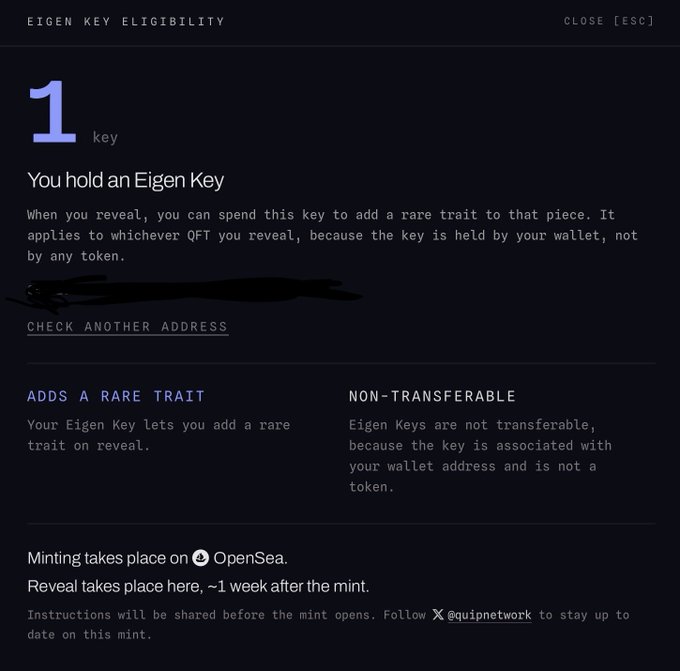 A screenshot of an 'EIGEN KEY ELIGIBILITY' page indicating '1 key' and explaining that the holder can spend it to add a rare trait on reveal, noting it is non-transferable and associated with the wallet, with a redacted address.