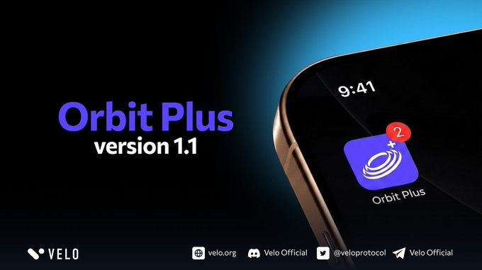 A promotional graphic for 'Orbit Plus version 1.1' showing a smartphone displaying the app icon, alongside Velo branding and social media handles.