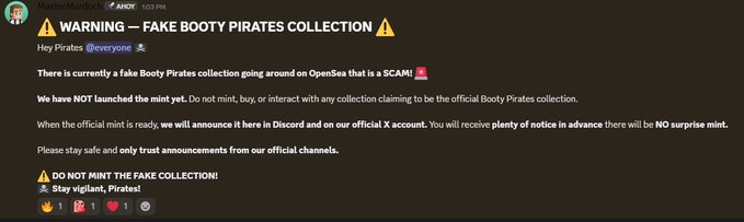 A Discord announcement from 'MasterMunch0x' titled 'WARNING - FAKE BOOTY PIRATES COLLECTION' alerting users about a scam NFT mint on OpenSea and warning not to interact with it.