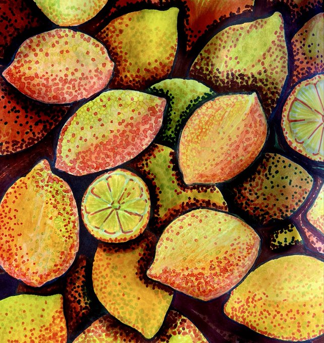 A vibrant abstract painting featuring an array of lemon, lime, and orange slices surrounded by warm citrus-toned leaves and shapes, rendered with acrylic markers in bright yellows, oranges, and greens. The artwork, titled "Citrus Constellation" and available as a digital token on objkt.com, visually translates its title through a colorful mosaic of citrus forms.