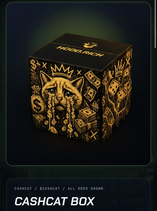 A digital promotional image for a 'CASHCAT BOX' mystery box featuring an ornate black and gold design with a cat wearing a crown and gold chains, labeled 'CASHCAT / $CASHCAT / ALL ODDS SHOWN'.