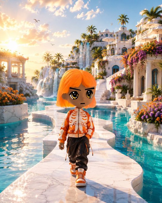 A 3D-rendered anime-style character with orange hair and an orange-and-white jacket stands on a marble pathway surrounded by turquoise pools and white Mediterranean architecture.