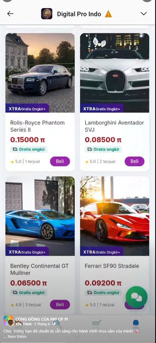 A mobile app interface called 'Digital Pro Indo' displaying luxury vehicles for sale, including a Rolls-Royce Phantom Series II for 0.15000 π, Lamborghini Aventador SVJ for 0.08500 π, Bentley Continental GT Mulliner for 0.06500 π, and Ferrari SF90 Stradale for 0.09200 π.
