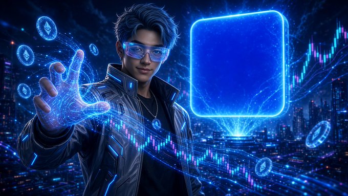 A young man in a futuristic jacket and glowing glasses reaches toward the viewer, surrounded by floating cryptocurrency coins and holographic blue data streams in a cyberpunk cityscape.