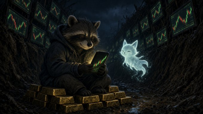 A fantasy scene of an anthropomorphic raccoon in a dark hoodie sitting on a pile of gold bars, holding a smartphone with a green stock chart, while a glowing, translucent white cat floats beside him; the cave walls are lined with monitors showing stock price graphs.