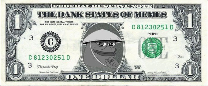 This image is a meme-ified one-dollar bill from "The Dank States of Memes" featuring "Peipai" and "Pepathe Freg," directly related to the $PEIPEI airdrop announcement.