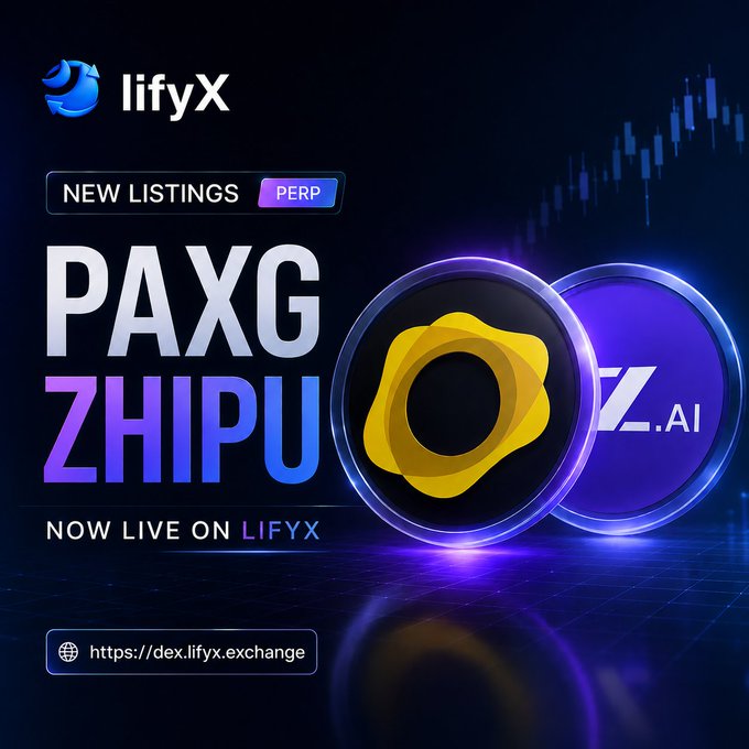 A promotional graphic from LifyX announcing the addition of PAXG and ZHIPU perpetual contract markets, featuring the LifyX logo, ticker labels "NEW LISTINGS" and "PERP," a gold ring icon for PAXG, a purple circle for ZHIPU, and the URL https://dex.lifyx.exchange against a dark blue trading-themed background.