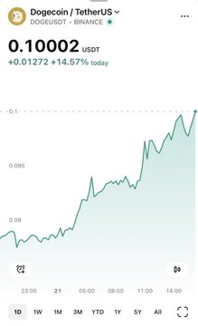 A CoinMarketCap price chart for Dogecoin/Tether (DOGE/USDT) showing a value of 0.1000 USDT, up 14.57% on the day.