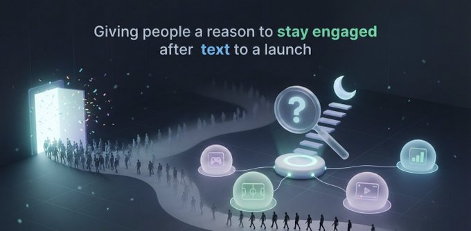 A promotional graphic with the text 'Giving people a reason to stay engaged after text to a launch,' depicting silhouettes of people entering a glowing portal and walking through various interactive icons including a magnifying glass, game controllers, and analytics.