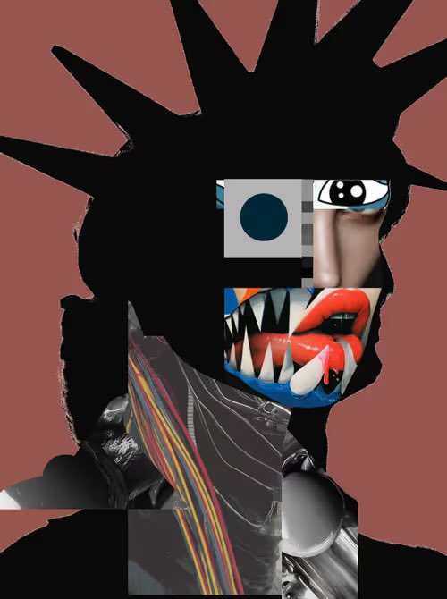 A silhouette of a spiky-haired figure features a face composed of disjointed, glitch-art-style panels showing a nose, eyes, and jagged teeth, alongside abstract stripes—evoking a chaotic, cybernetic aesthetic that complements the post's callout for digital artist Dario Desiena ahead of his NFT NYC Times Square display and the R3ORDR promo.