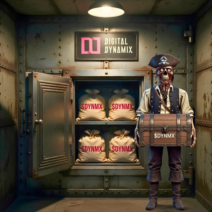A pirate skeleton character wearing a captain's hat stands in a vaulted room holding a treasure chest labeled '$DYNMX', with bags marked '$DYNMX' on the shelves behind him and a 'DIGITAL DYNAMIX' sign above.
