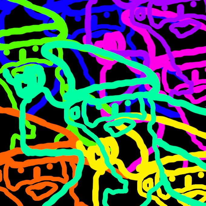 Abstract digital artwork featuring tangled neon lines in green, blue, purple, yellow, and orange on a black background.