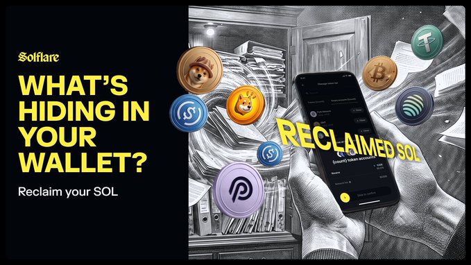 A Solflare promotional graphic with the headline "WHAT'S HIDING IN YOUR WALLET? Reclaim your SOL" features a hand holding a smartphone displaying "RECLAIMED SOL" alongside various cryptocurrency tokens including Bitcoin (₿), Tether (₇), BONK, USDC, Pyth, and Jito, illustrating the post's message about recovering dormant tokens and stranded SOL from empty accounts and idle holdings.
