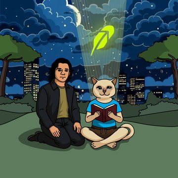 A cartoon man kneels beside an anthropomorphic cat wearing a "ROBINHOOD" shirt and holding a book, while a glowing green cat-eye token beams down from a starry night sky over a cityscape. The illustration visually represents the $CASHCAT meme contest submission, symbolizing the project's bullish "unveiling" and prosperity theme through the cat character playing the role of a modern financial messenger.