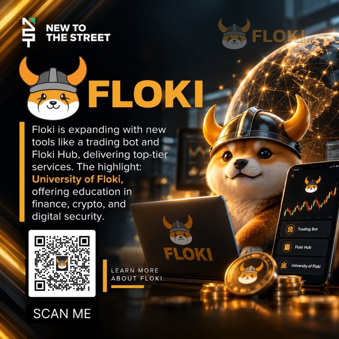 A promotional graphic for FLOKI cryptocurrency featuring a Shiba Inu dog wearing a Viking helmet using a laptop, advertising 'University of Floki', 'Trading Bot', and 'Floki Hub' with a 'NEW TO THE STREET' logo and QR code labeled 'SCAN ME'.