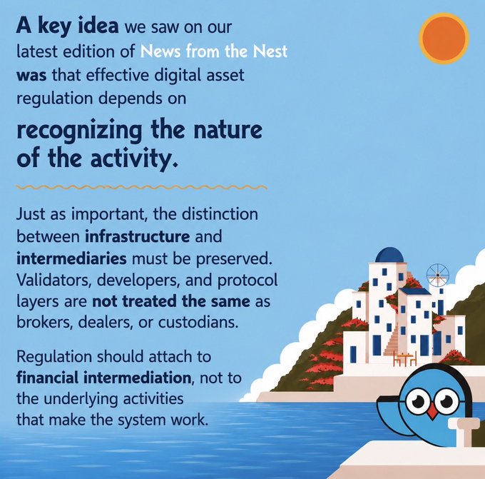An informational graphic with a blue background discusses digital asset regulation, stating that 'effective digital asset regulation depends on recognizing the nature of the activity' and highlighting the need to distinguish between 'infrastructure' and 'intermediaries', illustrated with a stylized coastal village and a blue cartoon bird.