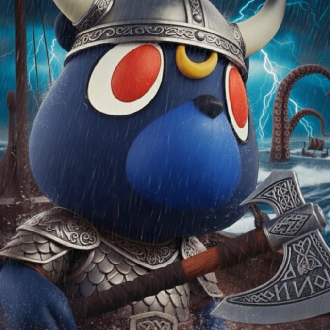 A digital illustration depicts a blue cat-like creature wearing ornate silver armor and a Viking-style horned helmet, holding a decorated battle axe. The dramatic scene includes stormy weather with rain, lightning, and a sea monster's tentacles emerging in the background.