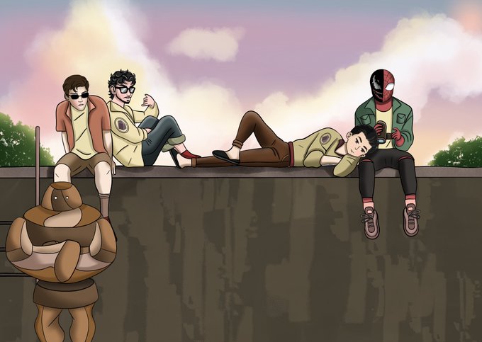 A masked figure in a green jacket sits on a rooftop ledge at sunset alongside four casually dressed companions, including one reclining with their head resting on the masked figure's lap, while a tan mascot character labeled "Rockey" stands below looking up at the group, capturing the relaxed, friendly gathering with the SeismicSys mods mentioned in the post.