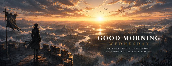 The image features a banner with a person standing at the top of a cliff, overlooking a beautiful sunset over a city skyline. The text "Good Morning" is written above the person's head, while the words "Wednesday" are below them. Below this scene, there is a quote that reads, "It' s either you make it, or you make it. No two ways to do it. You win or you win! Pumpfun bounties still very much an option to y'all tho."