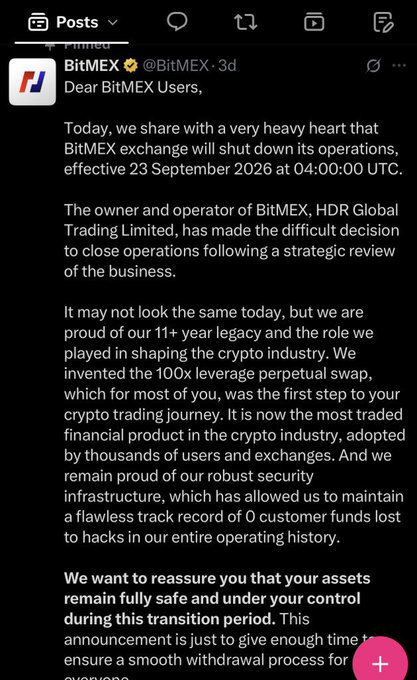 A screenshot of a tweet from BitMEX (@BitMEX) announces the exchange will shut down operations effective September 23, 2026, citing an 11+ year legacy in the crypto industry. The accompanying post ("Web3 in 2026. Wow we will survive guys!") highlights the irony of major crypto exchanges like BitMEX closing despite the ongoing Web3 evolution.