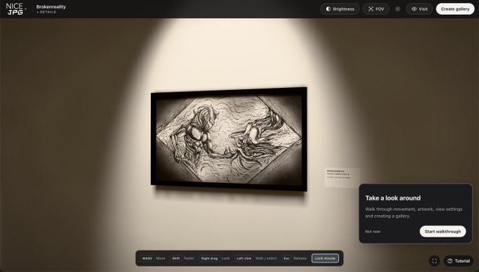 A screenshot of the NiceJPG virtual gallery interface displaying a framed charcoal-style sketch of two intertwined figures under a spotlight, with an introductory 'Take a look around' tour prompt on the right.
