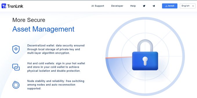 A screenshot of the TronLink website's "More Secure Asset Management" section highlights features like decentralized wallet encryption, hot/cold wallet separation, and node stability, visually reinforcing the post's emphasis on multi-layered security in self-custody beyond just passwords.