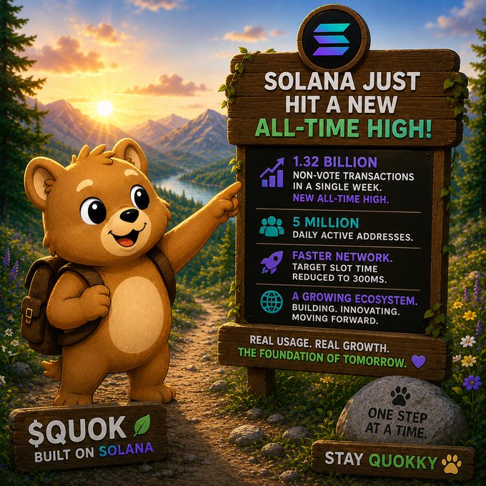 A promotional graphic featuring a cartoon bear mascot pointing to a wooden sign that reads 'SOLANA JUST HIT A NEW ALL-TIME HIGH!' with statistics about non-vote transactions, daily active addresses, slot time, and ecosystem growth; the bottom shows '$QUOK BUILT ON SOLANA' and 'STAY QUOKKY'.