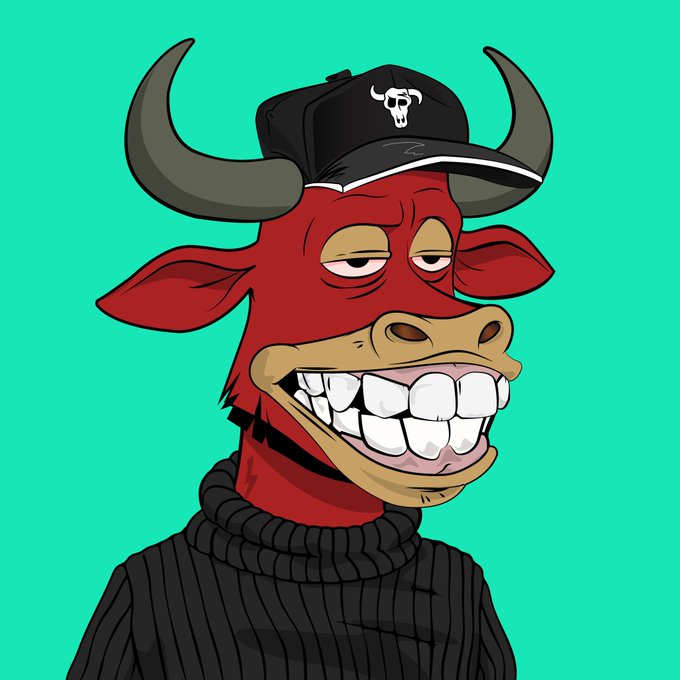 A cartoon illustration of a red bull wearing a black Chicago Bulls cap and black turtleneck sweater, grinning widely against a teal background.