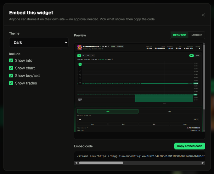 A dark-themed "Embed this widget" interface displays customization options for embedding a $RAINBOWCOIN/ETH trading widget, with checkboxes enabled for Show info, Show chart, Show buy/sell, and Show trades, alongside a live preview and an embed code snippet for dagg.fun. This directly illustrates the post's announcement about embedding capabilities for Chart, Info, Trading panel, and trade history on the DeFi/cross-chain memecoin platform.