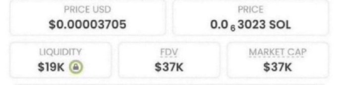 The image shows a cryptocurrency token dashboard displaying a price of $0.00003705 USD (0.0000003023 SOL), with $19K liquidity, $37K FDV, and $37K market cap. This appears to support the post's claim of a low-cap meme coin trading at a $37K market cap, which the author is hyping as having massive potential returns similar to their previous picks like $ANSOM and $MARSCOIN.