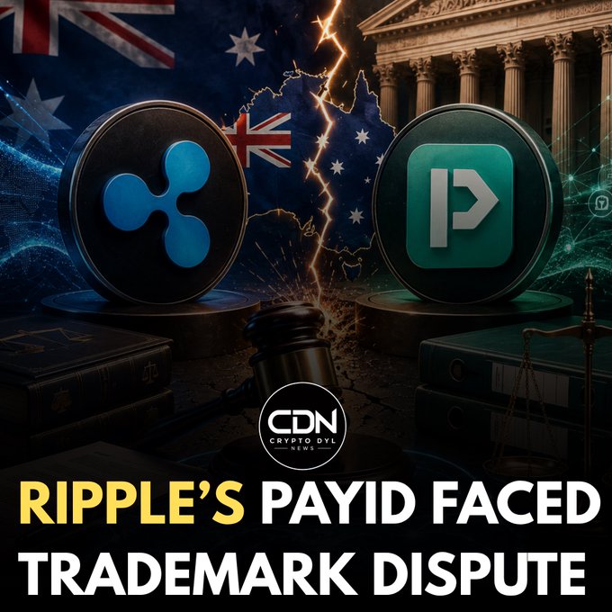 A dramatic digital illustration shows the Ripple XRP logo and an opposing "PayID" emblem facing off across a cracked divide, set against Australian flag imagery, the Australian map, and a courthouse backdrop with a gavel—visually representing Ripple's 2020 trademark dispute with NPP Australia over the "PayID" name, as headlined "Ripple's PayID Faced Trademark Dispute" by CryptoDyl News.