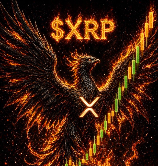 A fiery phoenix rises with outstretched wings against a dark background, emblazoned with the glowing text "$XRP" above and the XRP logo on its chest, while a green bullish candlestick chart ascends along the right side—visually reinforcing the post's message of $XRP's rising momentum.